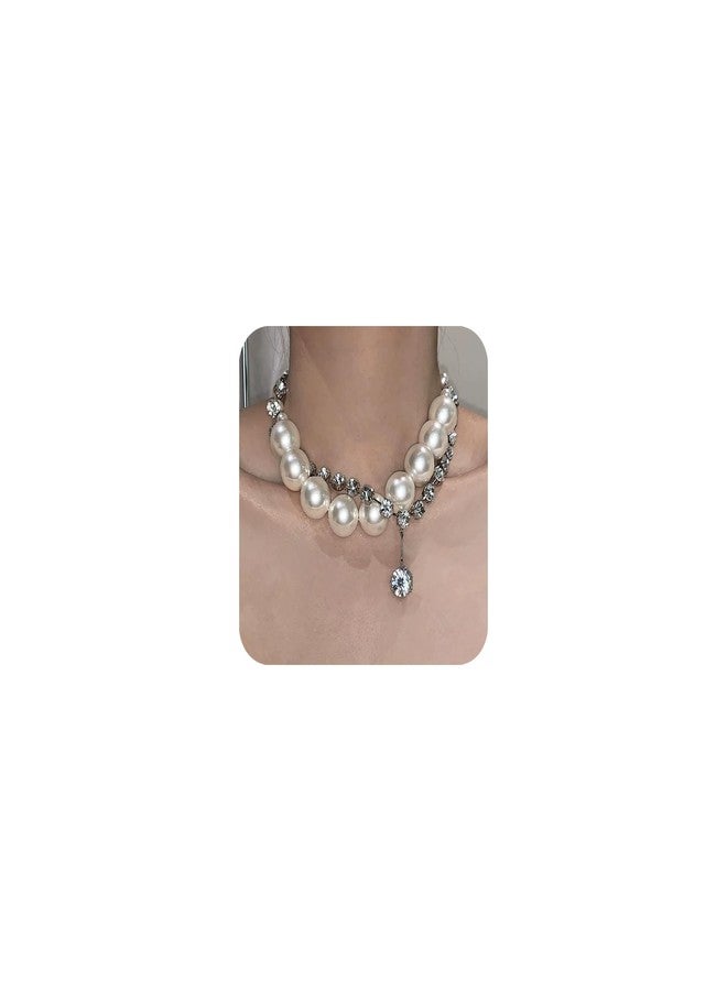 eartif Chunky Pearl Choker Necklace for Women Big Pearl Necklaces Exaggerated Large Pearl Necklaces Layered rhinestone pendant choker Statement Necklace Wedding Jewelry Gifts (Silver) - Image 1